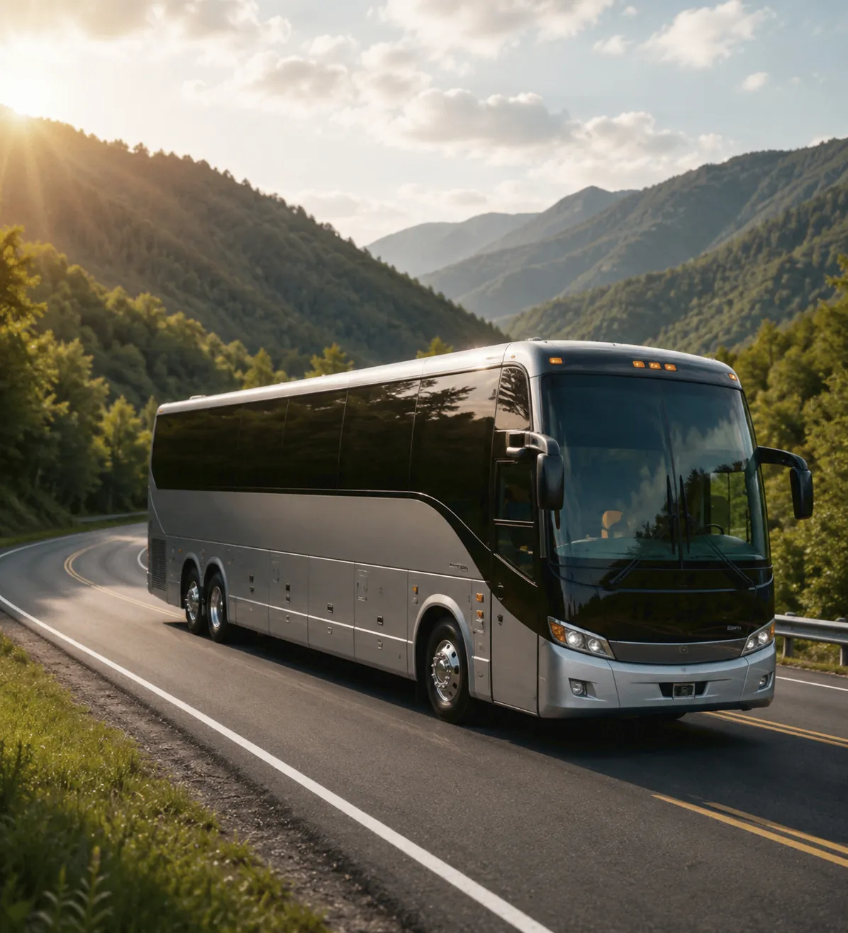 Charter coach traveling through a scenic mountain route
