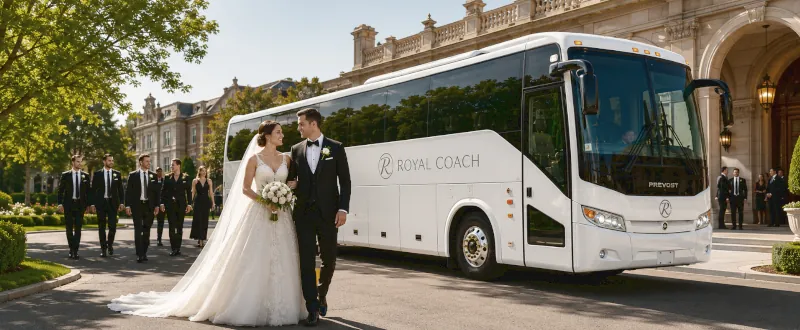 Bride and groom near a luxury wedding shuttle