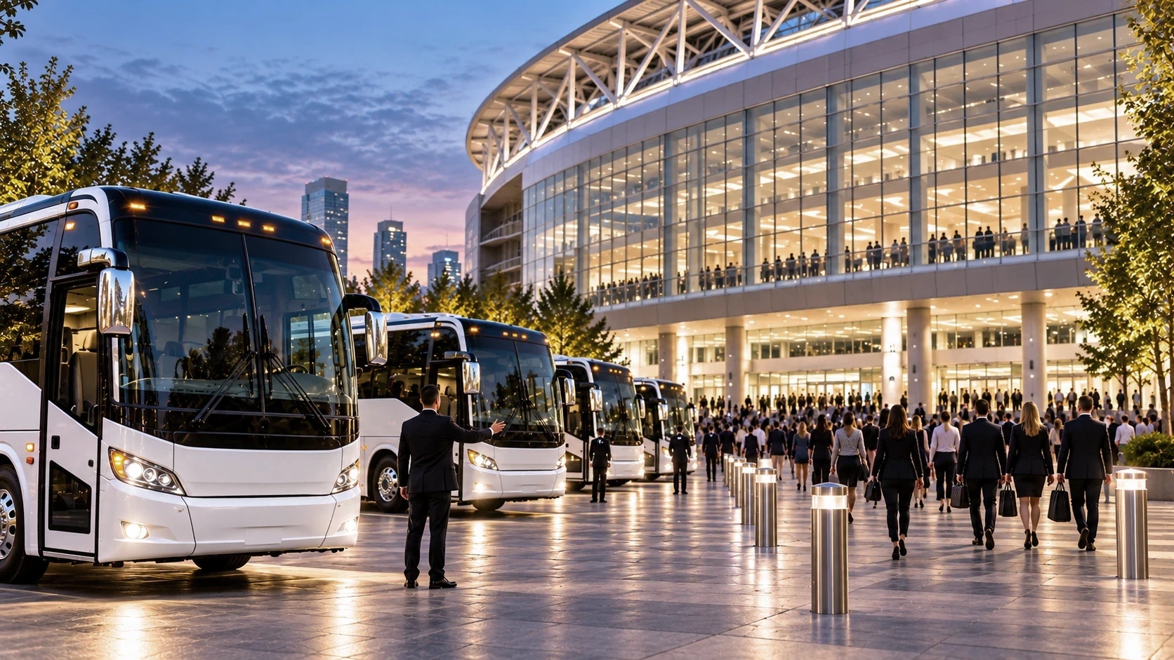 Large event  transportation with multiple charter buses and attendees