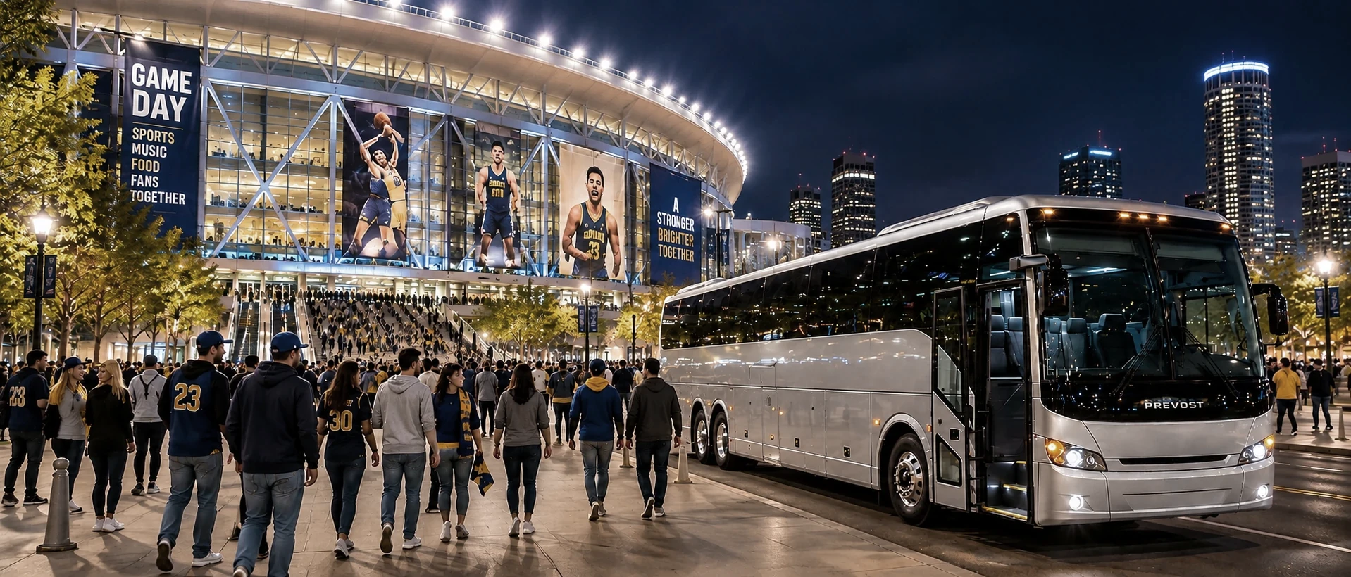 Sports team arriving by professional charter transportation at a major stadium
